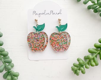 Apple Earrings, Acrylic Earrings, Back to School Earrings, Gifts for Teachers, Lightweight Earrings, Red Glitter Earrings, Teacher Earrings
