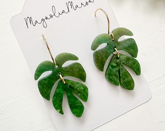 Acrylic Earrings, Boho Earrings, Monstera Earrings, Green Marbled Earrings, Gifts for Wife, Mother’s Day Gift, Gift for Plant Lover