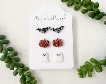 Acrylic Stud Set, Halloween Earrings for Girls, Orange Glitter Pumpkin Studs, White Ghost Studs, Black Glitter Bat Studs, Earring Gift Set