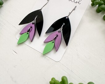 Acrylic Earrings, Tiered Leaf Earrings, Earrings for Halloween, Black Purple Green Stacked Earrings, Lightweight Dangle Earrings