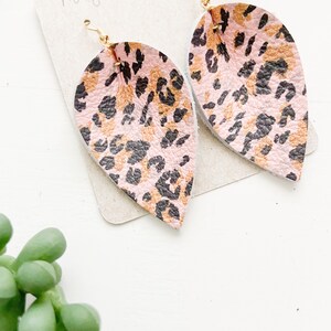 Fall Leather Earrings, Leather Earrings, Leopard Spots on Blush Earrings, Fall Earrings, Pinched Petal Earrings, Animal Print Earrings