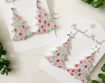 Christmas Tree Earrings, Acrylic White Glitter Earrings, Christmas Earrings, Small Dangle Earrings, Christmas Earrings for Party, Star Studs
