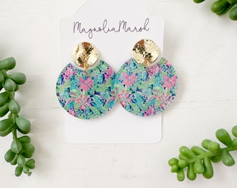 Preppy Acrylic Earrings, Circle Cutout Earrings, Gold Stud Earrings, Tropical Summer Earrings, Pink Green Blue Floral Hibiscus Earrings