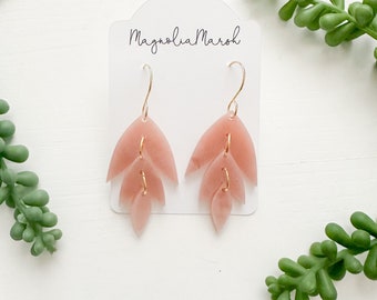 Spring Acrylic Earrings, Acrylic Tiered Leaf Earrings, Rose Quartz Marble Earrings, Small Dangle Earrings, Lightweight Earrings for Mom