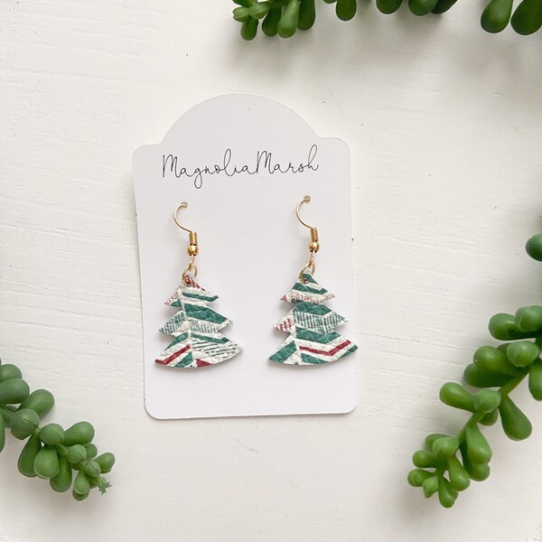 Christmas Tree Earrings, Red and Green Earrings, Christmas Earrings, Leather Earrings, Small Dangle Earrings, Christmas Earrings for Her