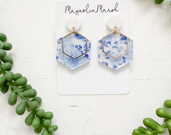 Acrylic Earrings, Boho Earrings, Geometric Hexagon Earrings, Blue and White Chinoiserie Earrings, Gifts for Wife, Mother’s Day Gift
