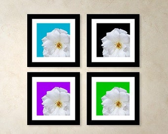 Flower Print Set, Colorful Print Set, Abstract Wall Art, Set of 4 Prints, Flower Photography, Modern Decor, White Dahlia Photo, Contemporary