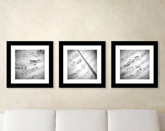 Music Photo Set, Set of 3 Black and White Sheet Music  Photographs, Musician Fine Art Photography, Urban Home Decor, Canvas Wall Photo Set