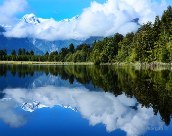 New Zealand Landscape Photography, Lake Matheson, Blue Home Decor, Lake Photography, Green and Blue Decor,  Water Reflection Art, Lake Photo