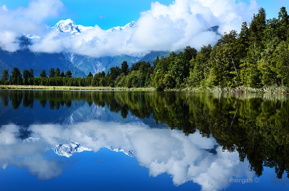 New Zealand Landscape Photography Lake Matheson Blue Home Decor Green And Water Reflection Art Photo