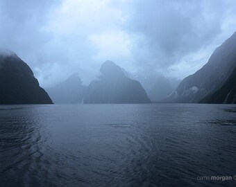 Landscape Photography, Milford Sound Photo, Mountain Photo Print, New Zealand Photography, Rustic Home, Lake Decor, Navy Decor, Wall Art