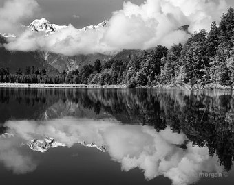 Black and White New Zealand Landscape Photography, Lake Matheson, Lake Photography, Black and White Landscape, Rustic Home Decor, Lake Photo