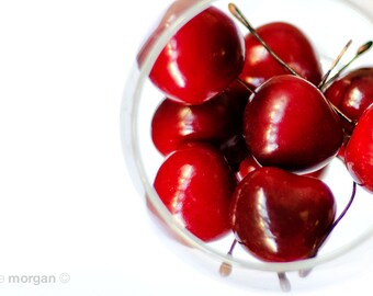 Kitchen Decor, Cherries, Red, White, Kitchen Art, Food Photography, Modern, Minimalist, Still Life, Red Wall Art, Modern Decor, Home Decor