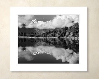 Lake Matheson Photograph with Mat, Black and White Matted Photograph, New Zealand Wall Art, Matted Print, Landscape, Wall Art, Wonderlust