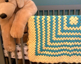 Crochet Granny Square Turquoise & Yellow Striped Afghan