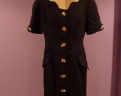 SALE Romantic circa 1980 39 s meets the 50 39 s madmen scalloped fitted pencil dress with starburst gold buttons vintage size 8 womans medium