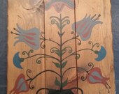 SALE circa 1970 39 s super rad rustic wooden floral hand painted dutch replica wall hanging of 1700 39 s pine dowry chest. 16 quot x 20 quot