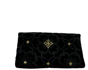 Superelegante Vintage-Gothic-Clutch-Geldbörse aus schwarzem Samt und Gold mit Stickerei