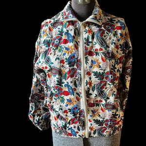 Unique vintage 1980’s awesome linen paisley bohemian print zip up light weight bomber jacket size small medium