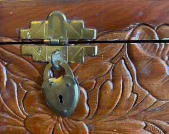 Gorgeous 1940’s carved cedar wood dresser box with mirror and stunning hardware