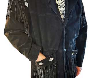 ヴィンテージ 南西部 フリンジ付き ブラックレザー 刺繍入り スエード