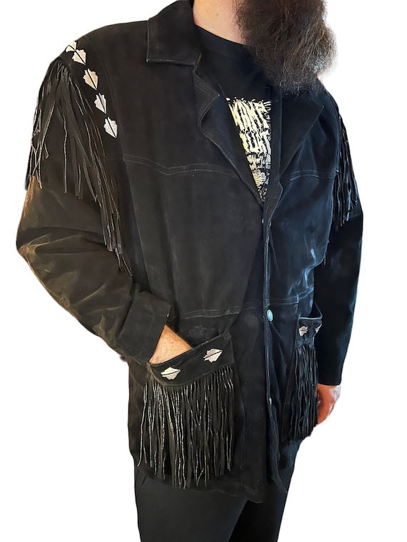 ヴィンテージ 南西部 フリンジ付き ブラックレザー 刺繍入り スエード