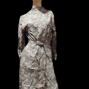 SALE elegant circa 1950 soft 100% silk satin gray and black abstract floral babydoll cocktail day dress womans size small medium