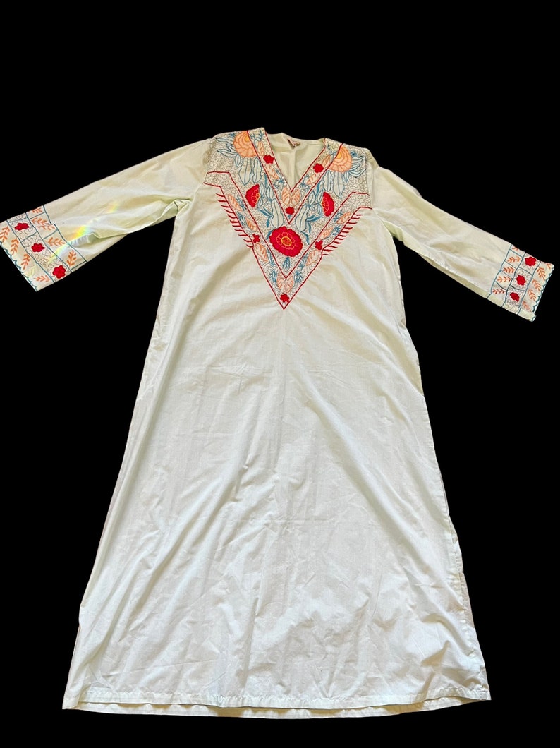 Stunning vintage 1970s Golden Bell bohemian festival embroidered kaftan dress fits an array of sizes free flowing image 1