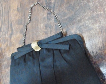 SALE Romantic classic black satin 1950s retro hand bag clutch  with gold kiss lock bow closure comes with attached change purse