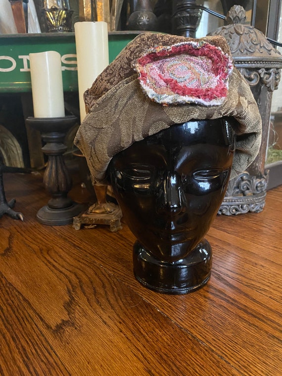 Amazing vintage hand made tapestry hat with flower