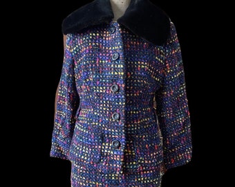 SALE stunning  vintage Dolce and Gabana black and colorful tweed skirt suit with faux fur collar! size Medium