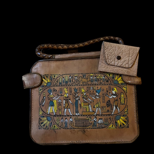 Superbe sac à main double face en cuir égyptien repoussé des années 1970 avec hiéroglyphes avec porte-monnaie
