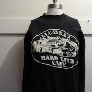 SALE Alcatraz with love from california black circa 1980 super soft baseball sleeve sweatshirt with puffy logo size small medium