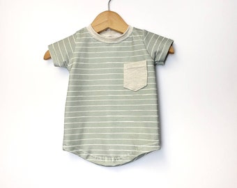 Striped Green and Ivory Curved Hem Pocket Tee | Boys Shirt