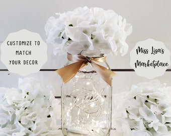 Mason Jar Centerpiece, Mason Jars, String Lights, Mason Jar, Lantern, Mason Jar Decor, Wedding Centerpiece, Lit Mason Jars, Fairy Light Jars