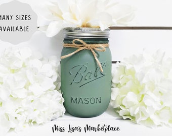 Painted Mason Jars, Mason Jar, Mason Jar Decor, Farmhouse Decor, Rustic Home Decor, Country Chic Home Decor, Green Mason Jar, Decor