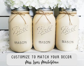 Set of 3 Painted Mason Jars, Mason Jar Centerpiece, Painted Mason Jar, Mason Jars, Wedding Centerpiece, Wedding Table Decor, Rustic Wedding
