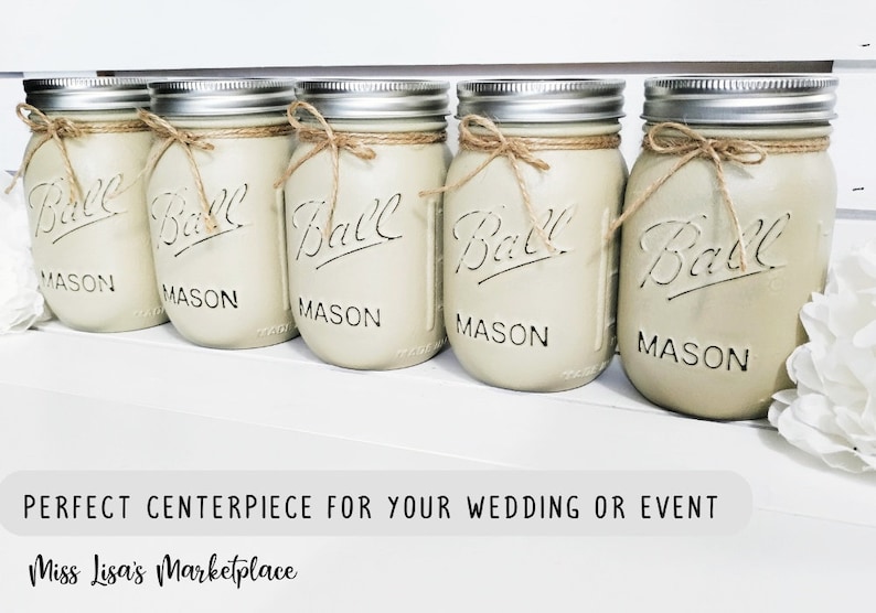 Set of 5 Painted Mason Jars, Mason Jar Centerpiece, Painted Mason Jar, Mason Jar, Rustic Wedding Decor, Farmhouse Decor, Wedding Centerpiece Bild 4