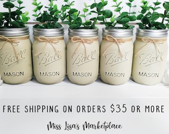 Set of 5 Painted Mason Jars, Mason Jar Centerpiece, Painted Mason Jar, Mason Jar, Rustic Wedding Decor, Farmhouse Decor, Wedding Centerpiece