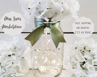 Mason Jar Centerpiece, Fairy Lights, Lanterns, Mason Jar Decor, Mason Jars, Wedding Centerpiece, Baby Shower Decor, Rustic Wedding Decor