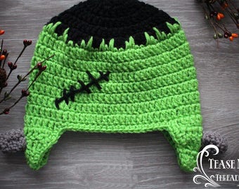 Frankenstein Crochet Hat_ Monster Green Hat