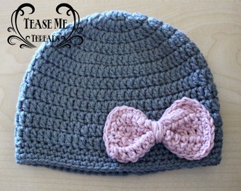 Little Girls Crochet Beanie_Beanie with Bow_Crochet Winter Beanie
