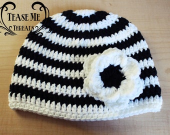 Black & White Striped Crochet Beanie W/ Flower on Side_ Little Girls Striped Beanie_Womans Striped Beanie with flower Black and White Beanie