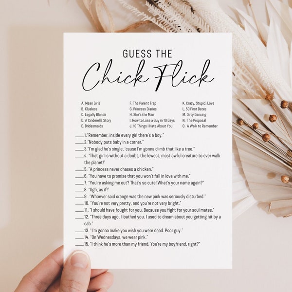 Modern Bridal Shower Game | Chick Flick Game | Rom Com Guessing Game | Bachelorette Party Game | Printable Bridal Shower Games