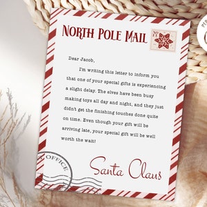 Presente de Natal atrasado para impressão, nota de presente atrasada para crianças do Papai Noel, nota de atraso de presente de Natal, modelo editável, download instantâneo