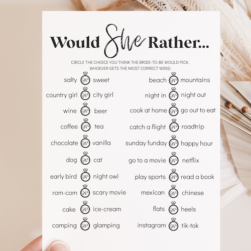 Would She Rather Bridal Shower Game Modern Bridal Party - Etsy