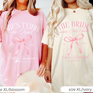 Coquette Bow Bachelorette Shirts, Bachelorette Party, Custom Bachelorette Shirts, Shes Tying the Knot Bridal Party, Girly Bow Bachelorette