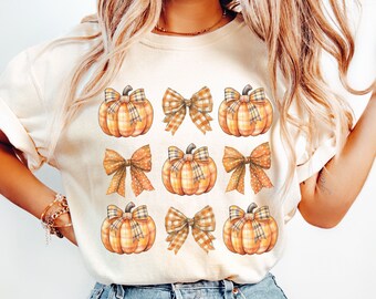 Retro Fall Shirt, Fall Pumpkin Shirt, Coquette Bow Aesthetic, Cute Autumn Shirt, Thanksgiving Tee, Fall Graphic Tee, Comforts Color Shirt