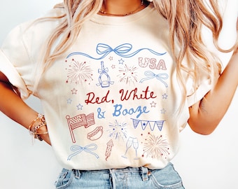Fourth of July Party Shirt, 4th of July Drinking Shirt, Red White and Booze, Coquette Bow USA Party Tshirt, Funny Freedom Tee, Womens TShirt