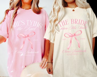Coquette Bow Bachelorette Shirts, Bachelorette Party, Custom Bachelorette Shirts, Shes Tying the Knot Bridal Party, Girly Bow Bachelorette